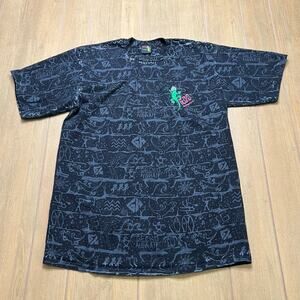 Vintage 80s 90s GECKO HAWAII T-Shirt Black All Over Print Retro Tee XL USA made